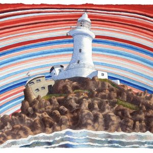 Corbiere Lighthouse with climate warming stripes (Jersey)